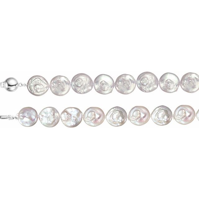 Sterling Silver 13-14 mm Cultured White Freshwater Pearl Coin  18' Necklace