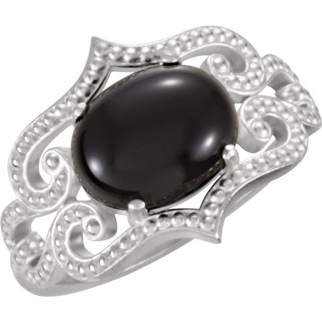Sterling Silver Natural Black Onyx Cabochon Ring