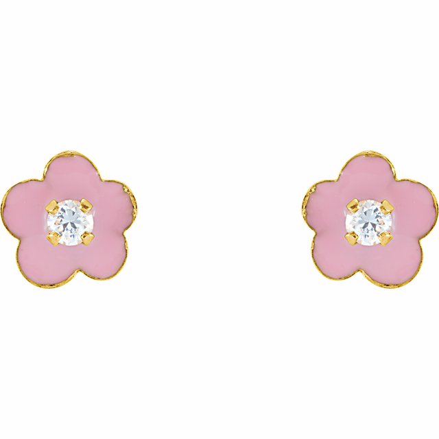 14K Yellow 2 mm Imitation White Cubic Zirconia & Pink Enamel Flower Youth Earrings