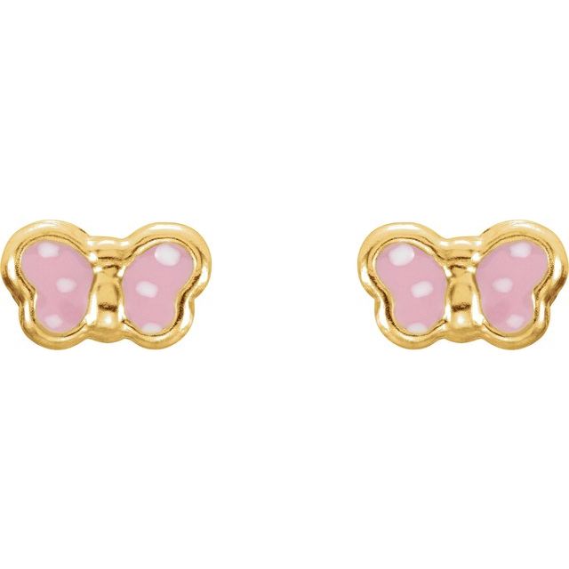 14K Yellow Pink Enamel Butterfly Earrings