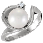 14k White Cultured White Akoya Pearl & .03 Ctw Natural Diamond Ring