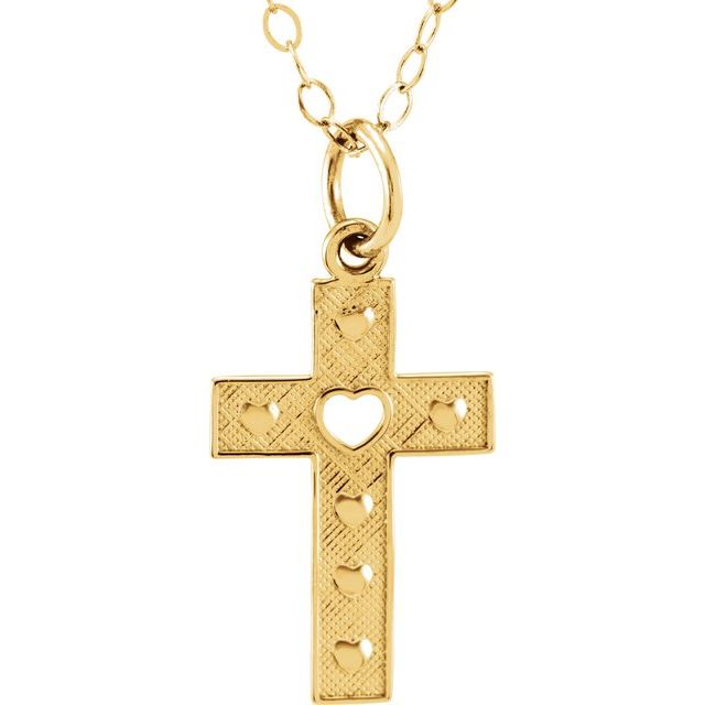 14K Yellow Pierced Heart Cross 15' Necklace