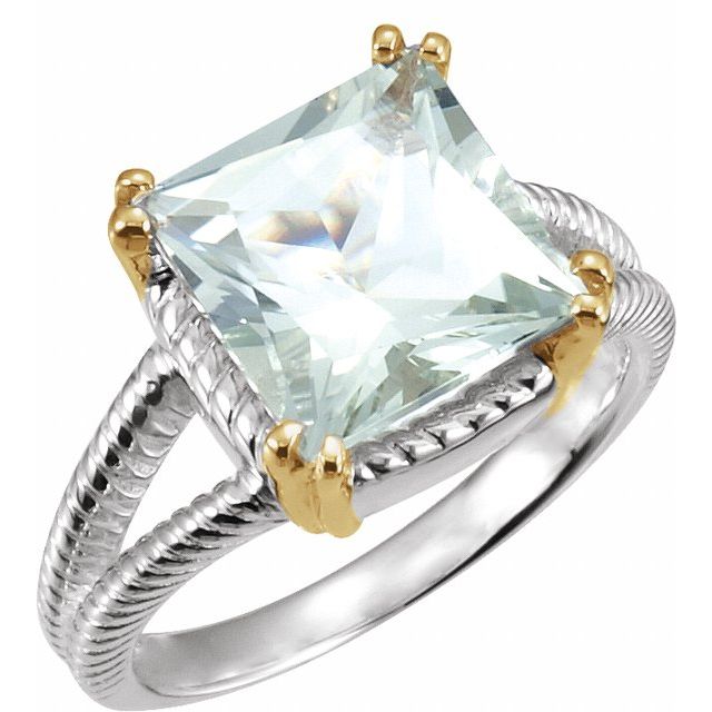 Sterling Silver & 14K Yellow Checkerboard Natural Prasiolite Ring