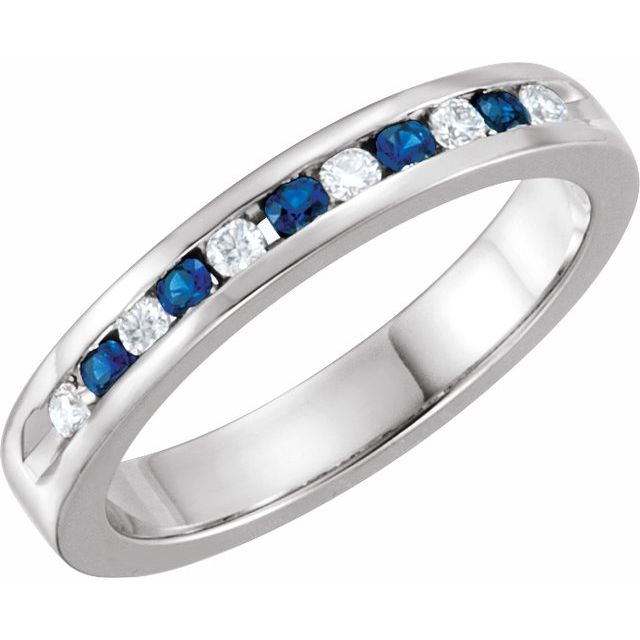 14k White 1/8 Ctw Natural Diamond & Natural Blue Sapphire Anniversary Band