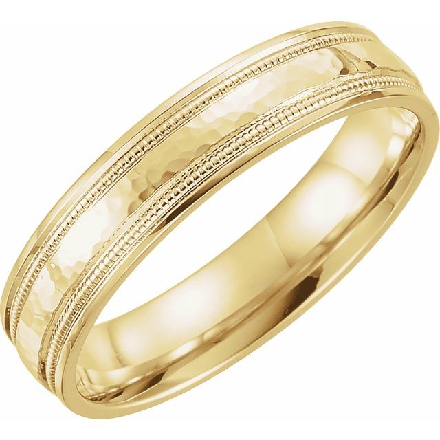 14k Yellow 5 Mm Flat Comfort-fit Band With Milgrain & Hammer Finish Size 9