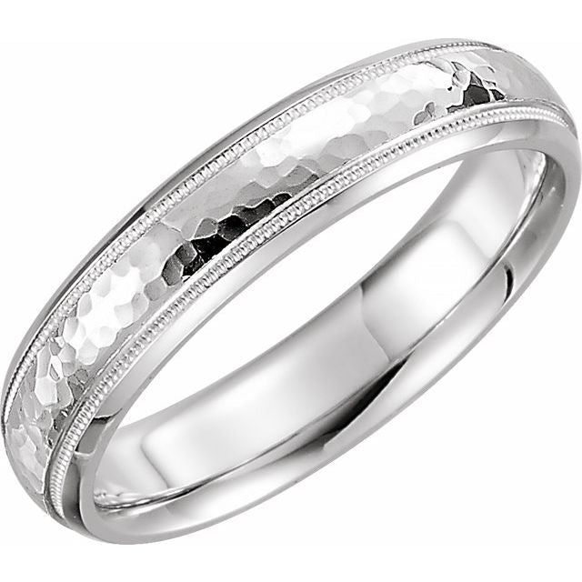 14k White 5 Mm Half Round Band With Hammered Texture & Milgrain Size 9.5