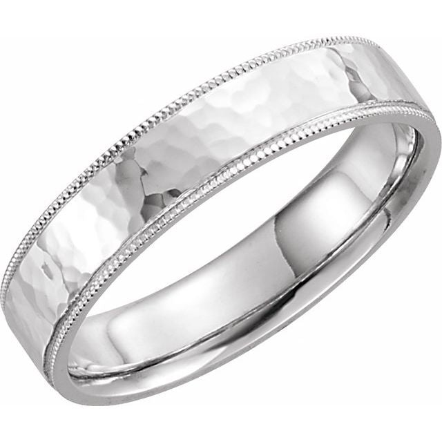 14k White 5 Mm Flat Hammered Milgrain Edge Comfort-fit Band Size 7.5