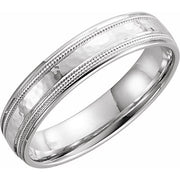 14k White 5 Mm Flat Comfort-fit Band With Milgrain & Hammer Finish Size 9