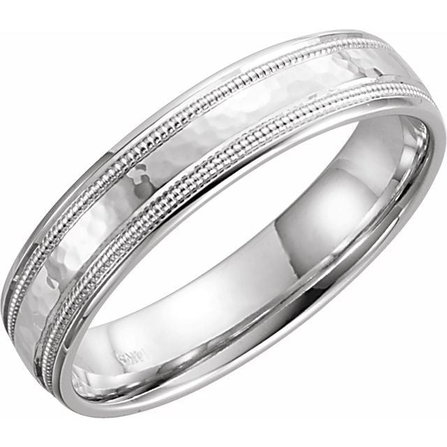 14k White 5 Mm Flat Comfort-fit Band With Milgrain & Hammer Finish Size 9