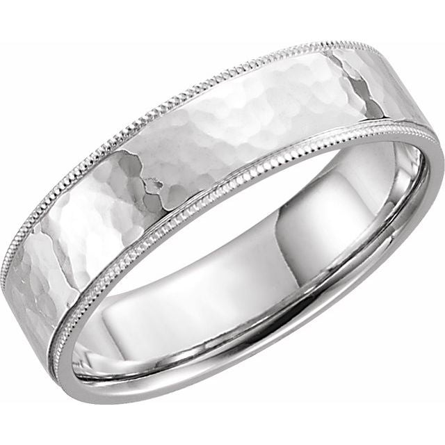 14k White 6 Mm Flat Hammered Milgrain Edge Comfort-fit Band Size 12