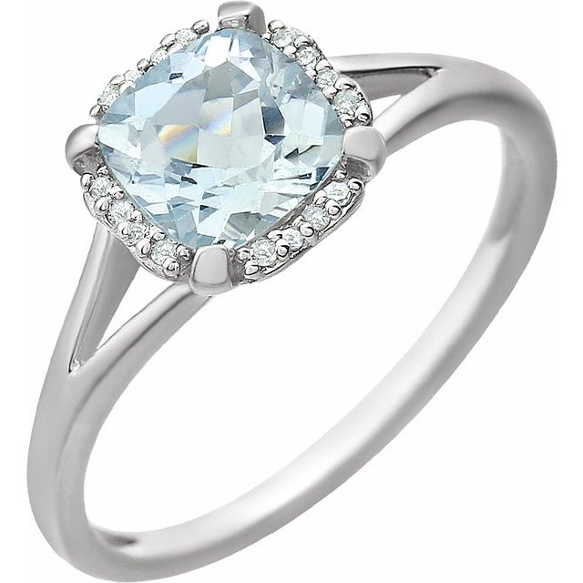 14k White Natural Aquamarine & .05 Ctw Natural Diamond Ring