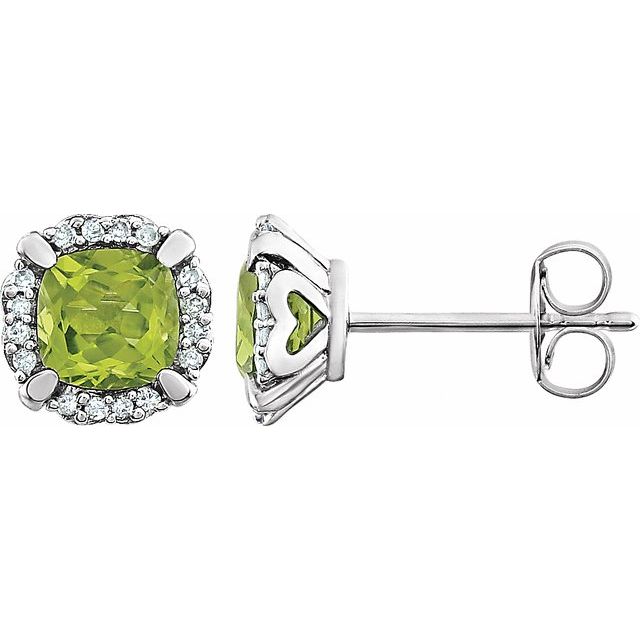 14k White Natural Peridot & 1/10 Ctw Natural Diamond Earrings