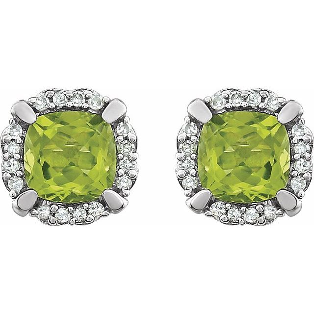 14k White Natural Peridot & 1/10 Ctw Natural Diamond Earrings