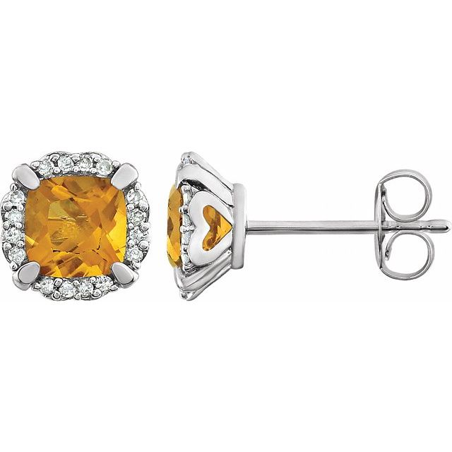 14k White Natural Citrine & 1/10 Ctw Natural Diamond Earrings