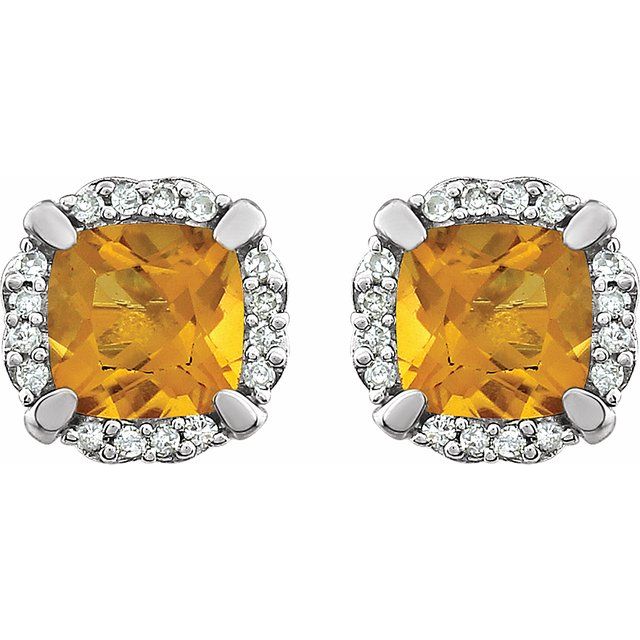 14k White Natural Citrine & 1/10 Ctw Natural Diamond Earrings