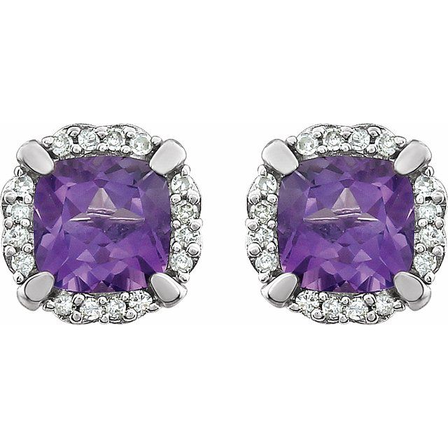 14k White Natural Amethyst & 1/10 Ctw Natural Diamond Earrings