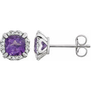14k White Natural Amethyst & 1/10 Ctw Natural Diamond Earrings