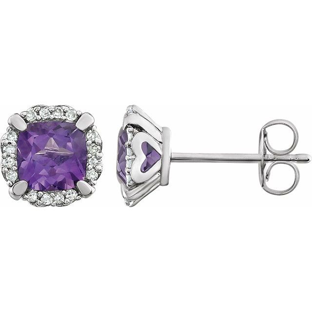 14k White Natural Amethyst & 1/10 Ctw Natural Diamond Earrings