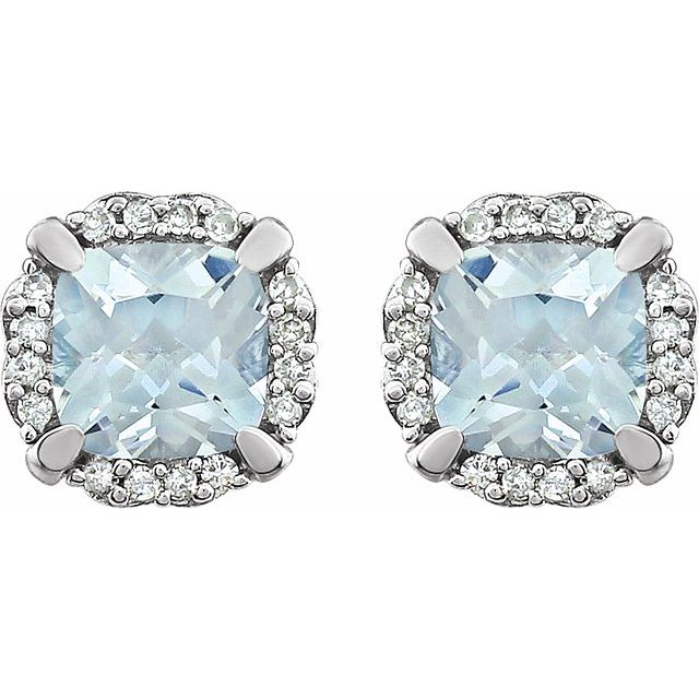 14k White Natural Aquamarine & 1/10 Ctw Natural Diamond Earrings