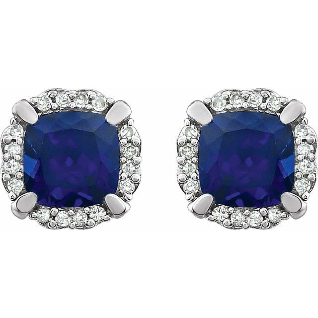 14k White Lab-grown Blue Sapphire & 1/10 Ctw Natural Diamond Earrings