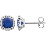 14k White Lab-grown Blue Sapphire & 1/10 Ctw Natural Diamond Earrings