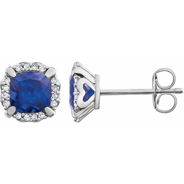 14k White Lab-grown Blue Sapphire & 1/10 Ctw Natural Diamond Earrings