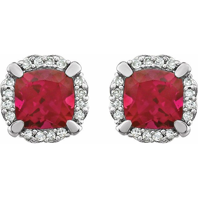 14k White Lab-grown Ruby & 1/10 Ctw Natural Diamond Earrings