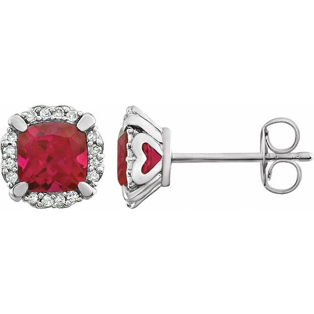 14k White Lab-grown Ruby & 1/10 Ctw Natural Diamond Earrings