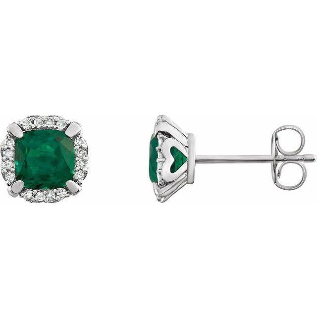 14k White Lab-grown Emerald & 1/10 Ctw Natural Diamond Earrings