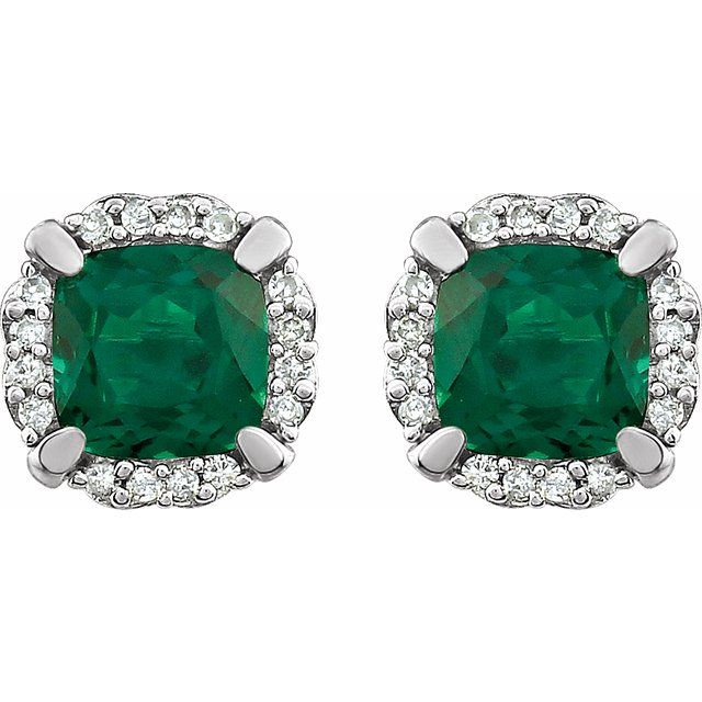 14k White Lab-grown Emerald & 1/10 Ctw Natural Diamond Earrings