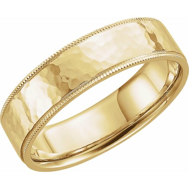 14k Yellow 6 Mm Flat Hammered Milgrain Edge Comfort-fit Band Size 11