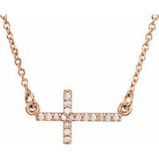 14k Rose .07 Ctw Natural Diamond Sideways Cross 16-18' Necklace
