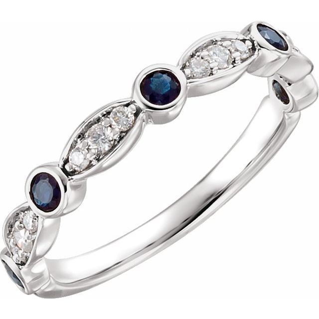 14k White Natural Blue Sapphire & 1/6 Ctw Natural Diamond Ring