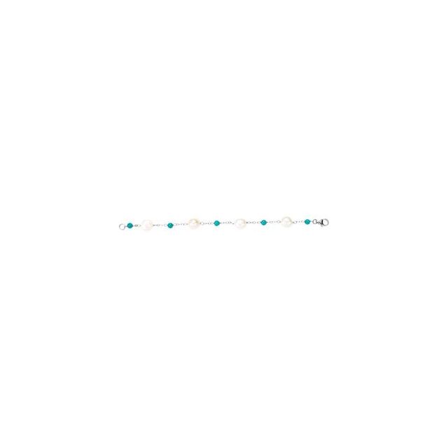 Sterling Silver Cultured White Freshwater Pearl & Natural Turquoise Station 7 1/2' Bracelet