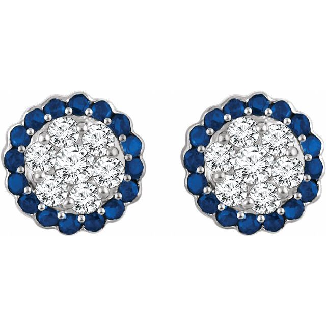 14k White Natural Blue Sapphire & 5/8 Ctw Natural Diamond Earrings