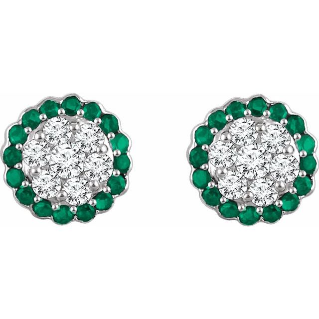 14k White Natural Emerald & 5/8 Ctw Natural Diamond Earrings