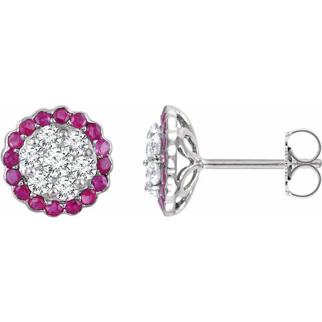 14k White Natural Ruby & 5/8 Ctw Natural Diamond Earrings