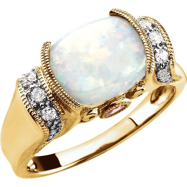 14K Yellow/White Natural White Opal, Natural Pink Tourmaline & 1/6 CTW Natural Diamond Ring