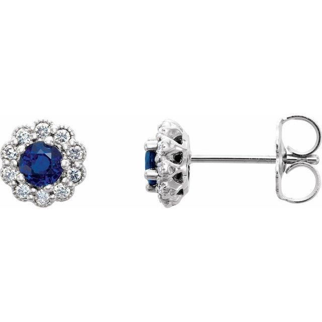 14k White 3.2 Mm Natural Blue Sapphire & 1/8 Ctw Natural Diamond Earrings