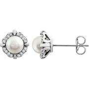 14k White Cultured White Freshwater Pearl & 1/10 Ctw Natural Diamond Earrings