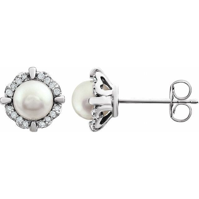 14k White Cultured White Freshwater Pearl & 1/10 Ctw Natural Diamond Earrings