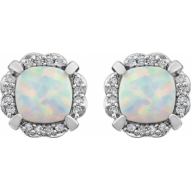 14k White Lab-grown Opal & 1/10 Ctw Natural Diamond Earrings