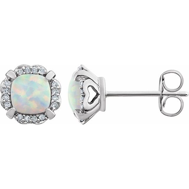 14k White Lab-grown Opal & 1/10 Ctw Natural Diamond Earrings