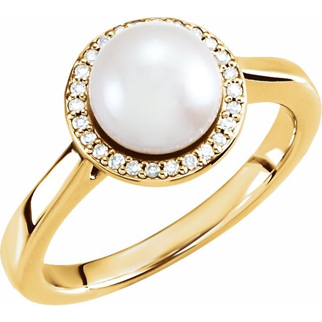 14K Yellow Cultured White Freshwater Pearl & .06 CTW Natural Diamond Halo-Style Ring