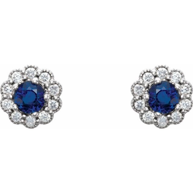 14k White 3.2 Mm Natural Blue Sapphire & 1/8 Ctw Natural Diamond Earrings