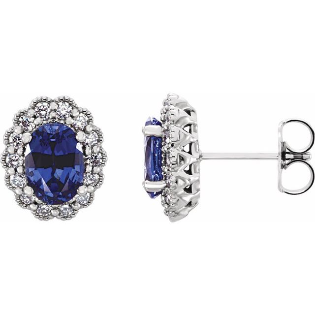 14k White Lab-grown Blue Sapphire & 1/3 Ctw Natural Diamond Earrings