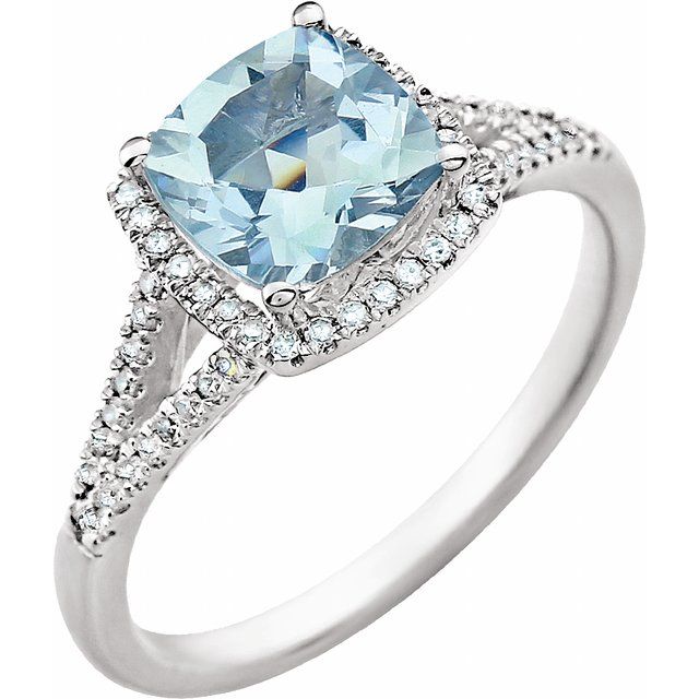 14k White Natural Aquamarine & 1/5 Ctw Natural Diamond Ring
