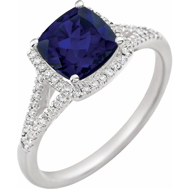 14k White Lab-grown Blue Sapphire & 1/5 Ctw Natural Diamond Ring