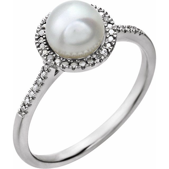 Sterling Silver Cultured White Freshwater Pearl & .01 Ctw Natural Diamond Ring