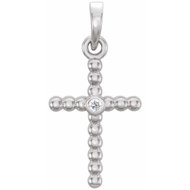 14k White 19.1x9.5 Mm .015 Ctw Natural Diamond Beaded Cross Pendant